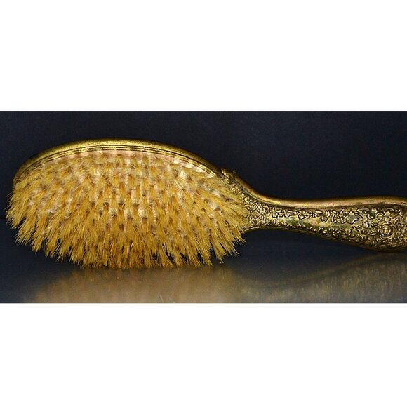 Vintage Hair Brush Gilt Handle Trim Floral Pattern Backing Regency MCM Decor - Picture 3 of 8